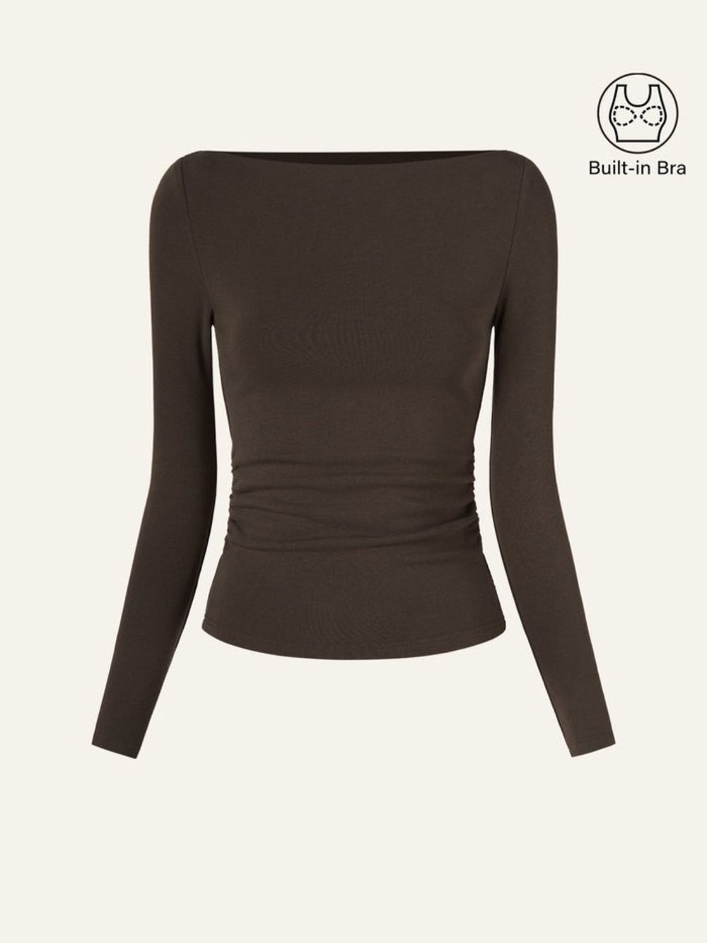NWT OGL Women's Long Sleeve Boatneck Side Ruched Bra Top Espresso Brown Size M